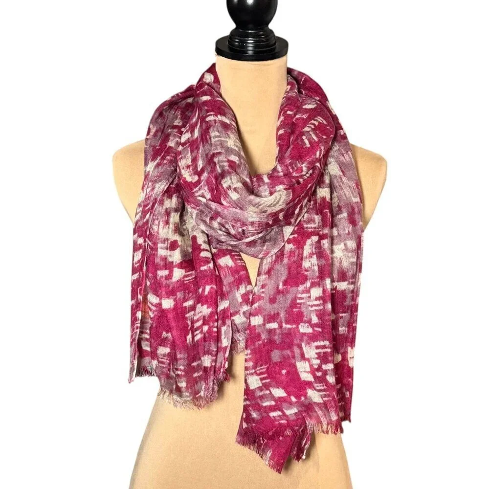 Abstract Print Scarf Pashmina  Wrap Shawl Pink White Fringe Contemporary